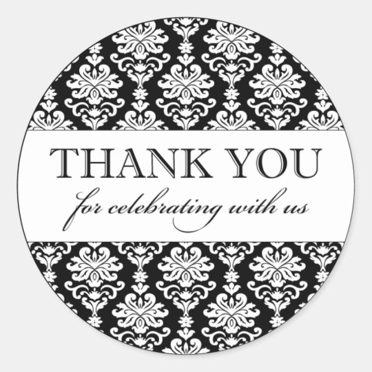 Thank You Favor Sticker | Black White Damask | Zazzle