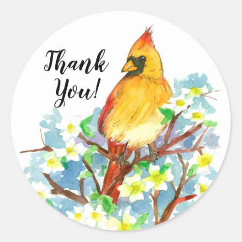 Thank You Female Cardinal Bird Dogwood Classic Round Sticker