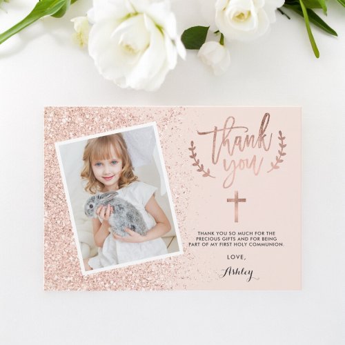 thank you first Rose gold glitter communion photo