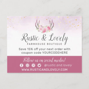 Thank You Floral Antlers Blush Pink & Gold Marble  Postcard