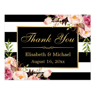 Thank You - Floral Black White Stripes Gold Frame Postcard