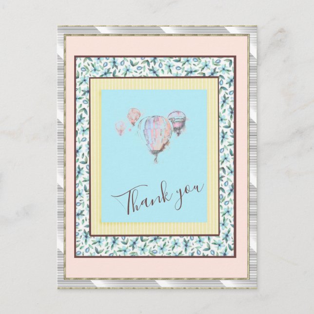 Thank You  Floral Blue Balloon Spark Silver Postcard (Front)