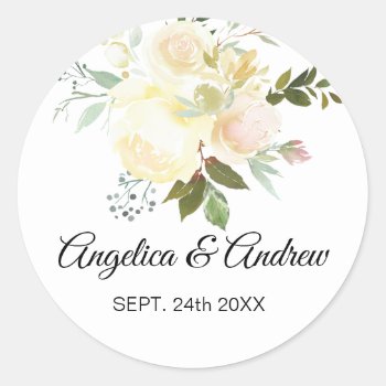 Thank You Floral Blush Pink Ivory Wedding Classic Round Sticker by UniqueWeddingShop at Zazzle