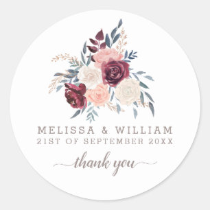 Thank you Floral Burgundy Wedding Ivory Classic Round Sticker