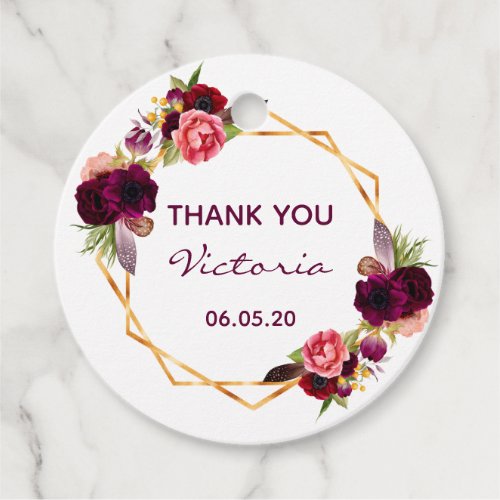 Thank You floral gold geometric white burgundy Favor Tags