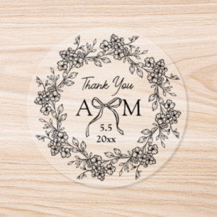  thank you floral monogram wedding clear classic round sticker