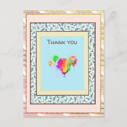 Thank You  Floral Pink Balloon Gold Spark Postcard