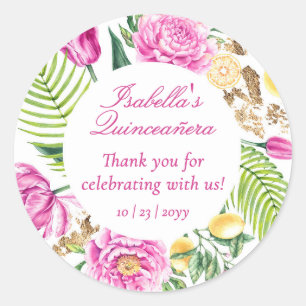 Thank You Floral Pink Peonies Lemons Quinceañera Classic Round Sticker