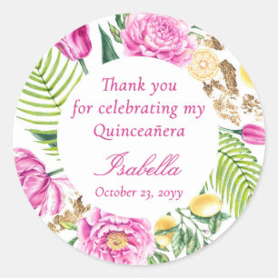 Thank You Floral Pink Peonies Lemons Quinceañera Classic Round Sticker