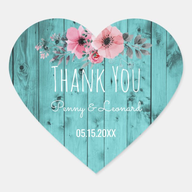 Thank You Floral | Rustic Wood Teal Wedding Favor Heart Sticker (Front)