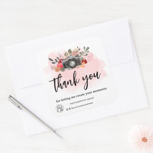 Thank you floral watercolor camera photographer square sticker