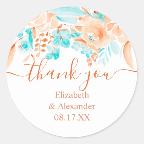 Thank you floral watercolor coral beach wedding classic round sticker