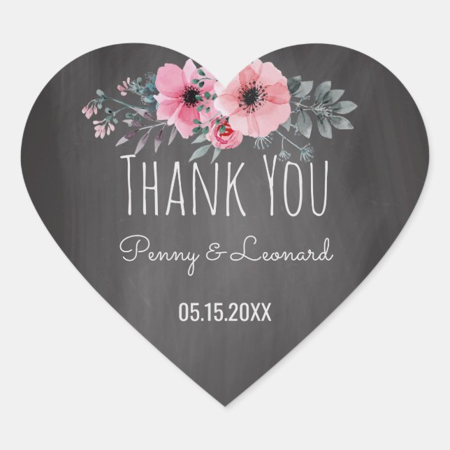 Thank You Floral | Wedding Favor Chalkboard Heart Sticker (Front)