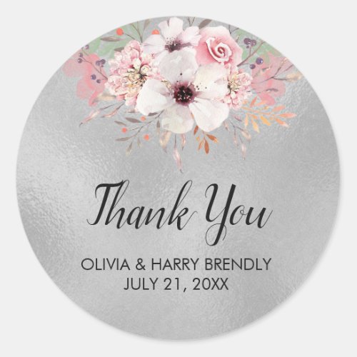 Thank You Floral Wedding Favor Stickers  Silver