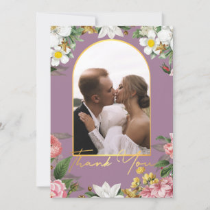 thank you floral wedding photo gold purple note card