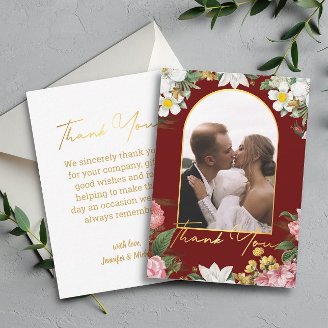  thank you floral wedding photo gold script red note card (Creator Uploaded)