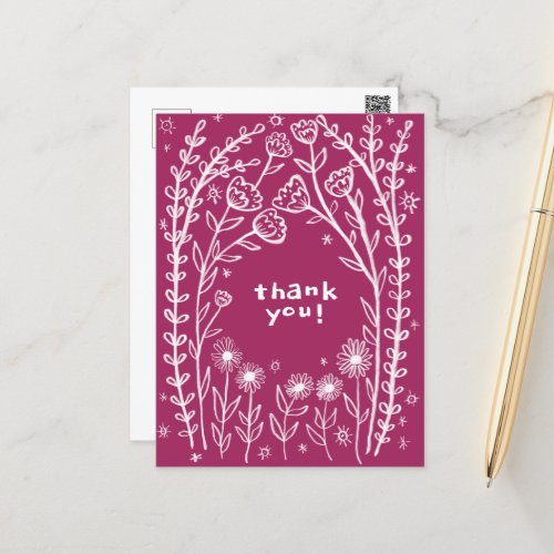 THANK YOU Floral Whimsical Sketch Doodle  Postcard