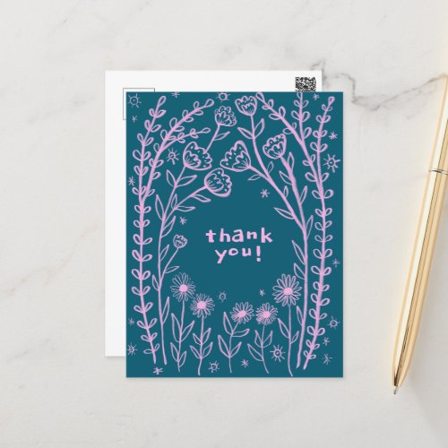 THANK YOU Floral Whimsical Sketch Doodle  Postcard