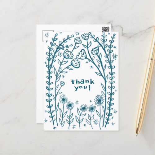 THANK YOU Floral Whimsical Sketch Doodle  Postcard