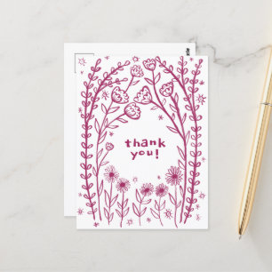 THANK YOU Floral Whimsical Sketch Doodle  Postcard