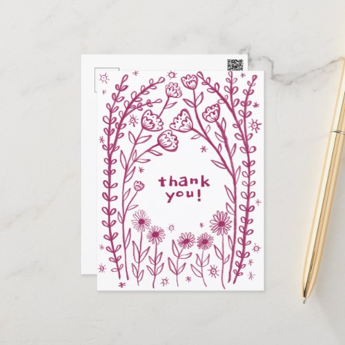 THANK YOU Floral Whimsical Sketch Doodle  Postcard