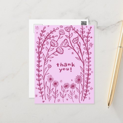 THANK YOU Floral Whimsical Sketch Doodle  Postcard