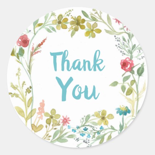 Thank You Flower Wreath Roses Wildflowers  Classic Round Sticker