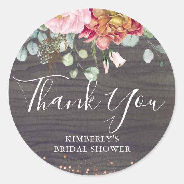 Thank You Flowers Rustic Wood Bridal Shower Classic Round Sticker (Front)