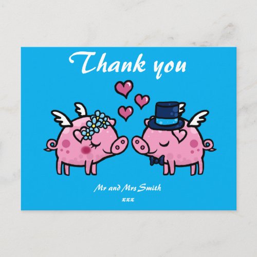 Thank you flying pig bride and groom postcard