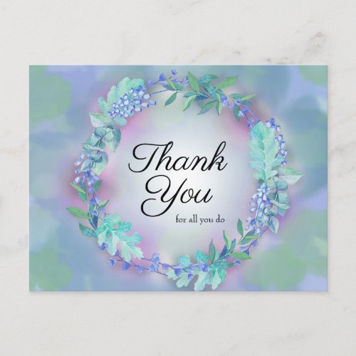 Thank You For All You Do Blue Purple Floral Wreath Postcard