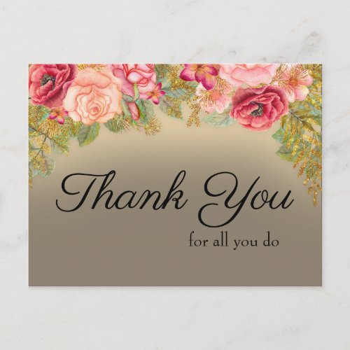 Thank You for All You Do Pink Red Gold Floral Postcard