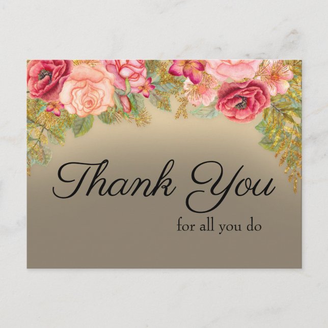 Thank You for All You Do Pink Red Gold Floral Postcard (Front)