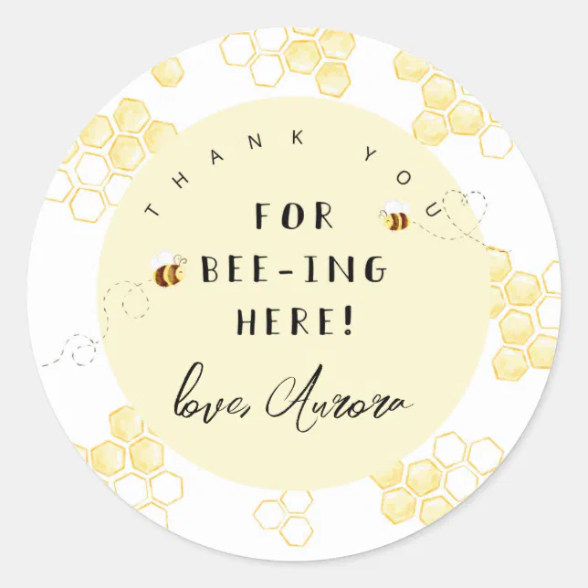 Thank you for beeing here bumble bee classic round sticker | Zazzle
