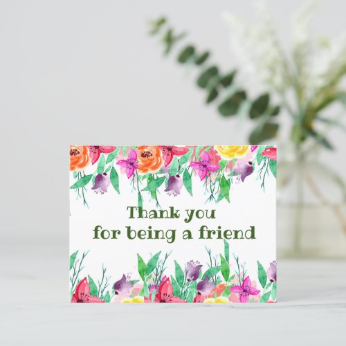 Thank you for being my friend floral design postcard