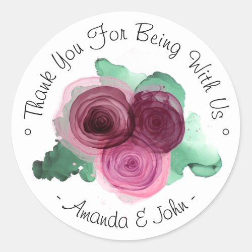 Thank You For Being With Us Name Marsala Pink Rose Classic Round Sticker