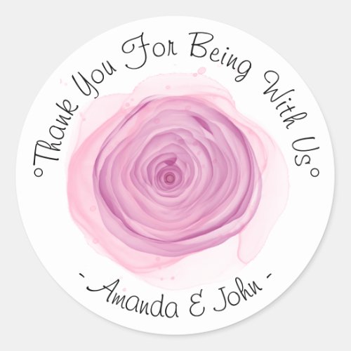 Thank You For Being With Us Name Pink Rose Classic Round Sticker