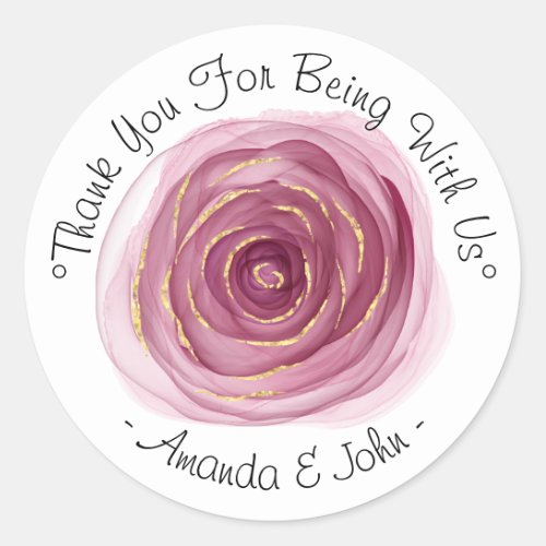 Thank You For Being With Us Name Wedding Rose Classic Round Sticker