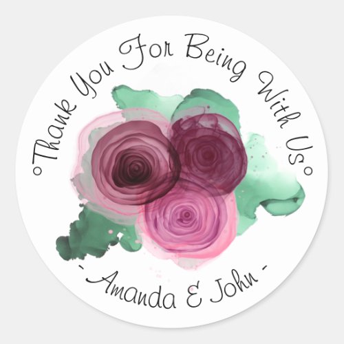 Thank You For Being With Us Name Wedding Roses Classic Round Sticker