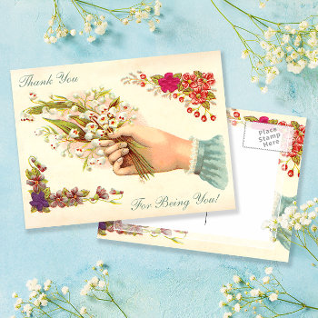 Thank You For Being You Vintage Hand With Flowers Postcard by AntiqueImages at Zazzle