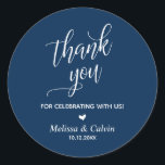 Thank you for celebrating, Navy Blue, Wedding Classic Round Sticker<br><div class="desc">Thank you for celebrating,  Navy Blue,  Wedding Classic Round Sticker</div>