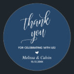 Thank you for celebrating, Navy Blue, Wedding Classic Round Sticker<br><div class="desc">Thank you for celebrating,  Navy Blue,  Wedding Classic Round Sticker</div>