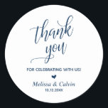 Thank you for celebrating, Navy Blue, Wedding Classic Round Sticker<br><div class="desc">Thank you for celebrating,  Navy Blue,  Wedding Classic Round Sticker</div>