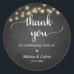 Thank you for celebrating with us, String Lights C Classic Round Sticker<br><div class="desc">Thank you for celebrating with us,  Rustic wedding round sticker,  in rustic chalkboard,  string lights themed.</div>