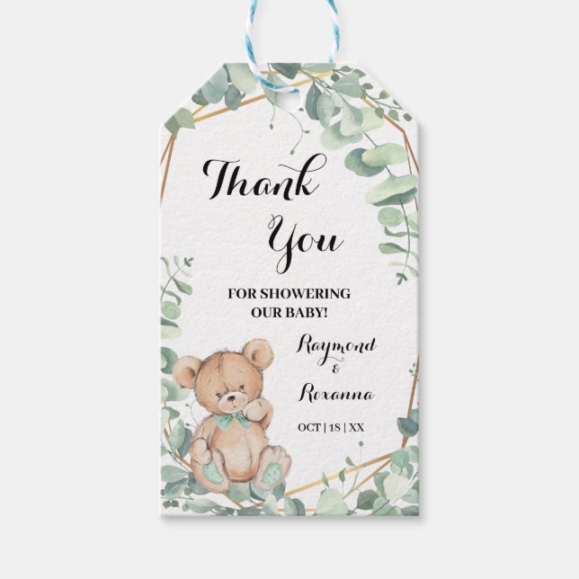 Thank You for Coming Bear Greenery Baby Shower Gift Tags (Front)