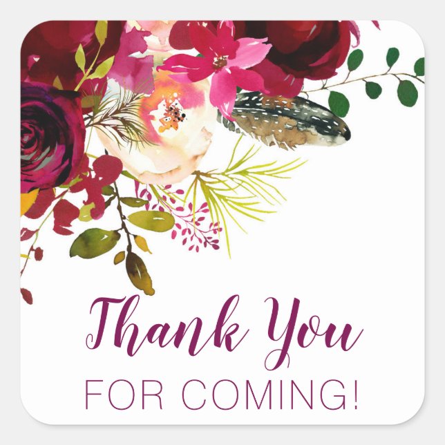 Thank you for coming, burgundy floral favor square sticker (Front)