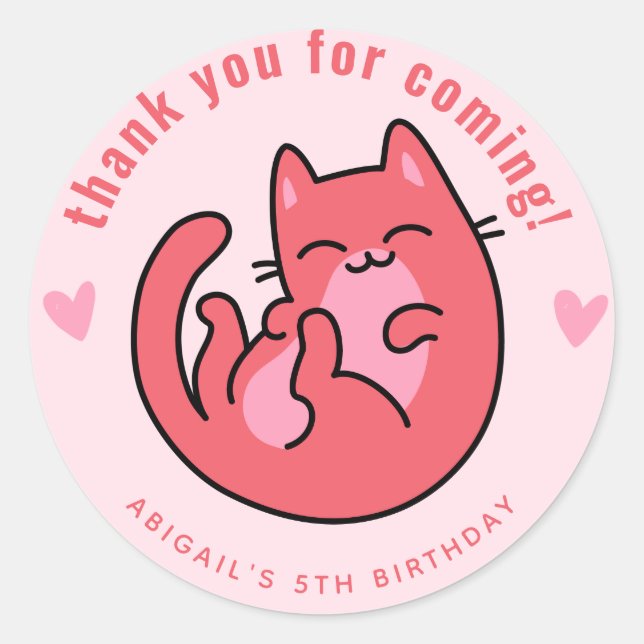 Thank you for coming! Cute Pink Cat Kids' Birthday Classic Round Sticker (Front)