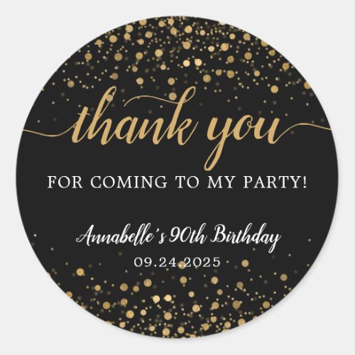 Thank You For Coming Gold Confetti Birthday Black Classic Round Sticker