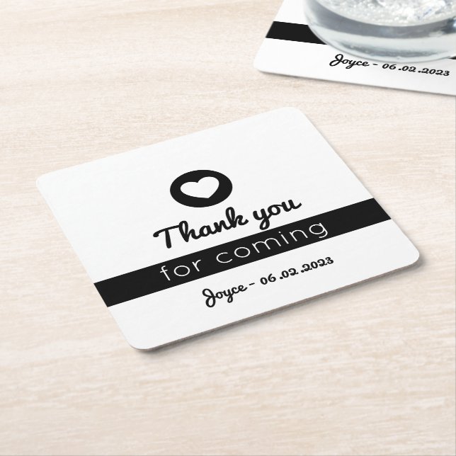 Thank You for Coming Minimalist Black White Heart Square Paper Coaster (Angled)