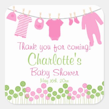 Thank You For Coming! Pink Clothesline Baby Shower Square Sticker by LaBebbaDesigns at Zazzle