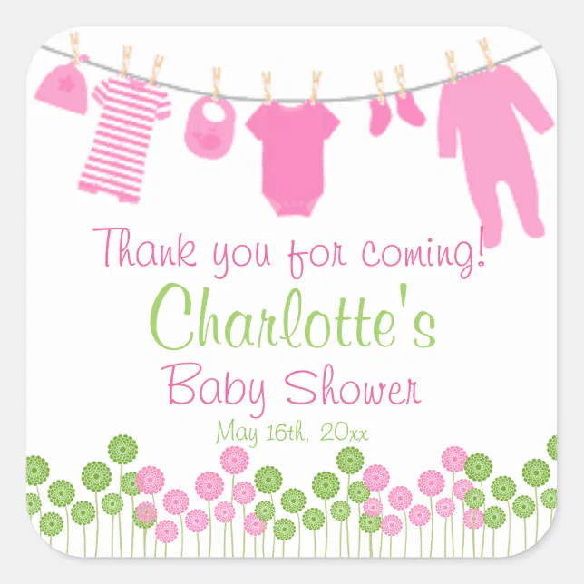 Thank You For Coming! Pink Clothesline Baby Shower Square Sticker | Zazzle